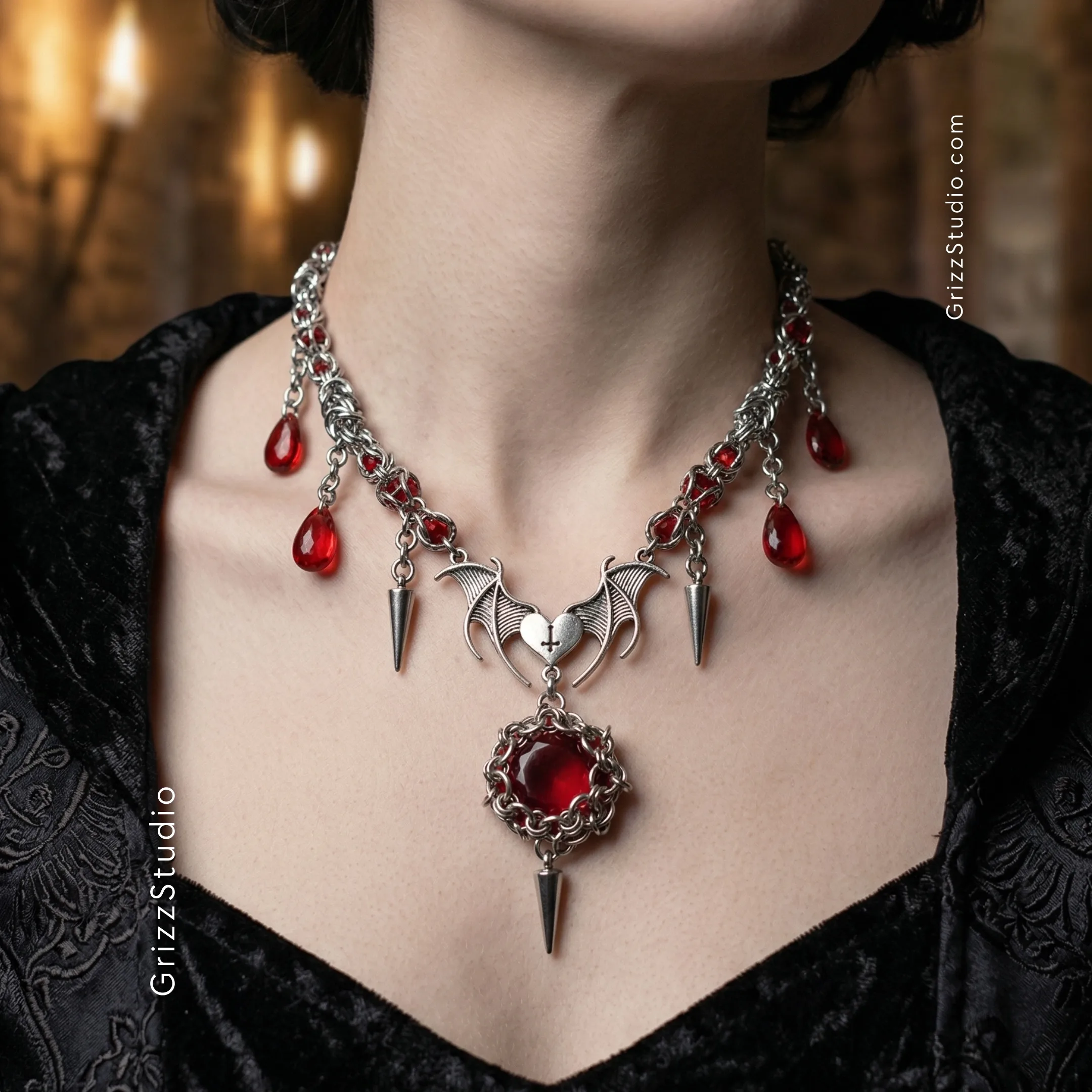 Vampire Bloodstone Bat Wing Chainmail Necklace | Grizz Studio®